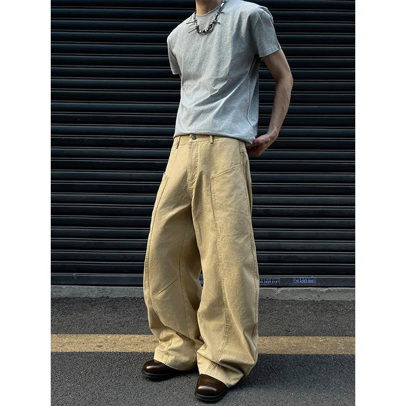 Men's khaki cotton straight leg trousers with American retro styling