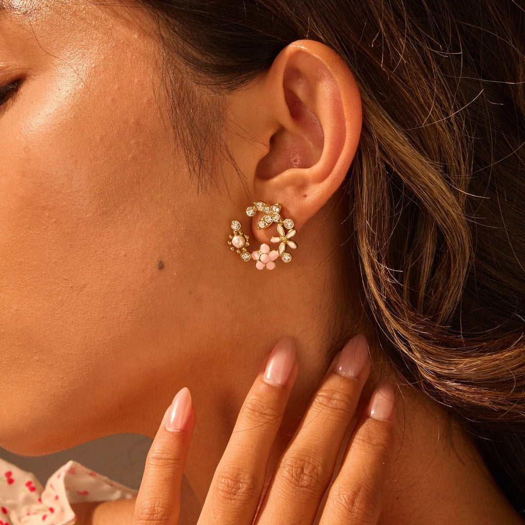 Flower stud earrings with petal design in 18K gold electroplated finish on stainless steel