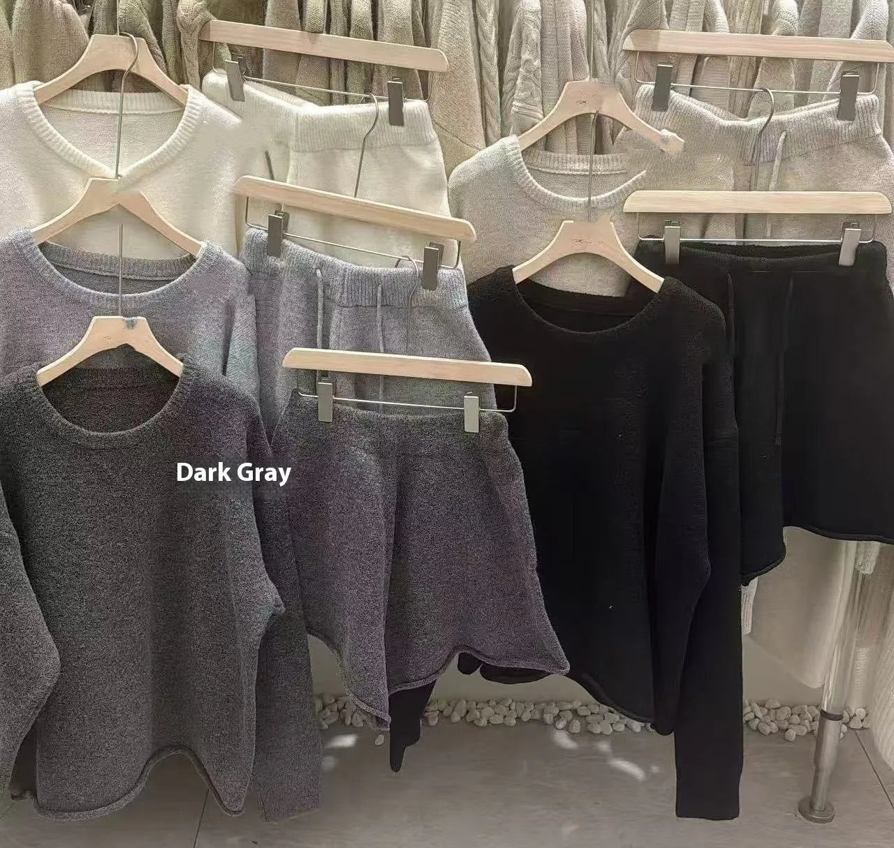 Loose-fitting long sleeve sweater and knitted wide leg fifth pants two-piece set in grey acrylic blend