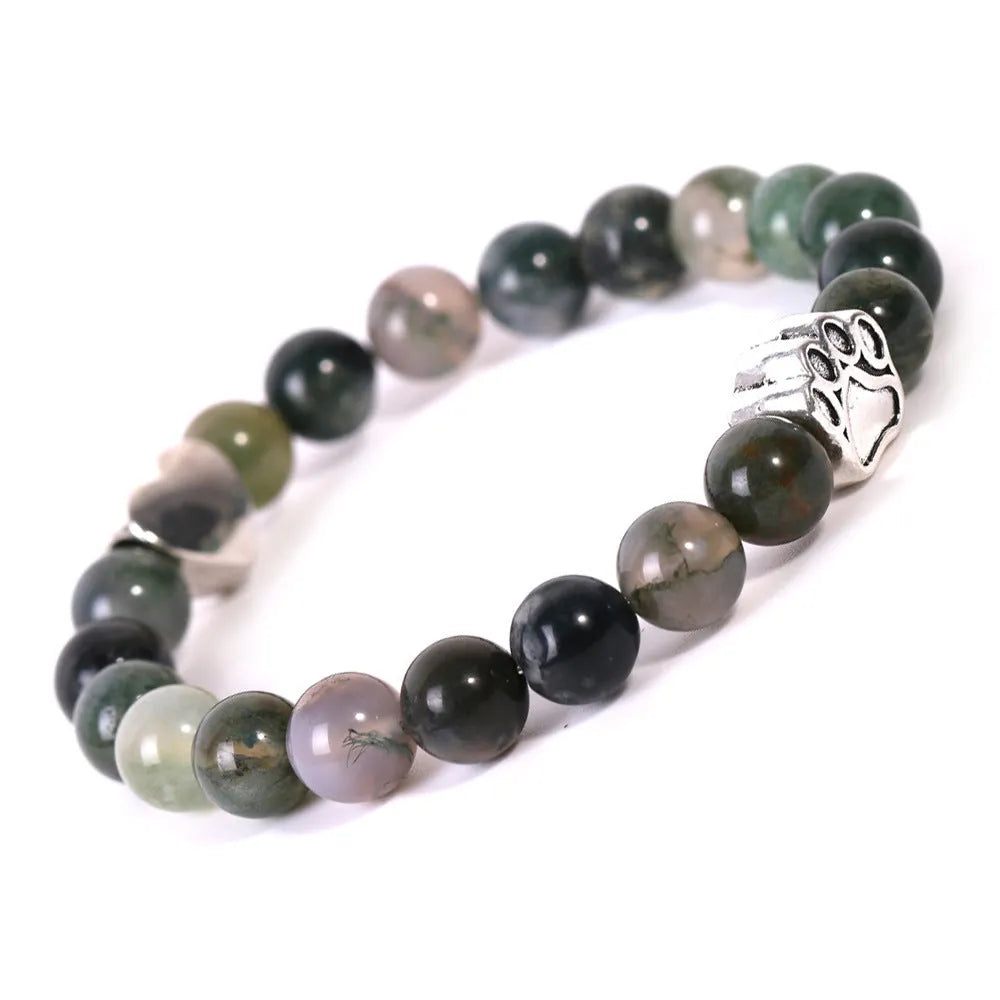 Tiger eye Indian agate stone bracelet with dog's paw beads and love heart charm on adjustable band