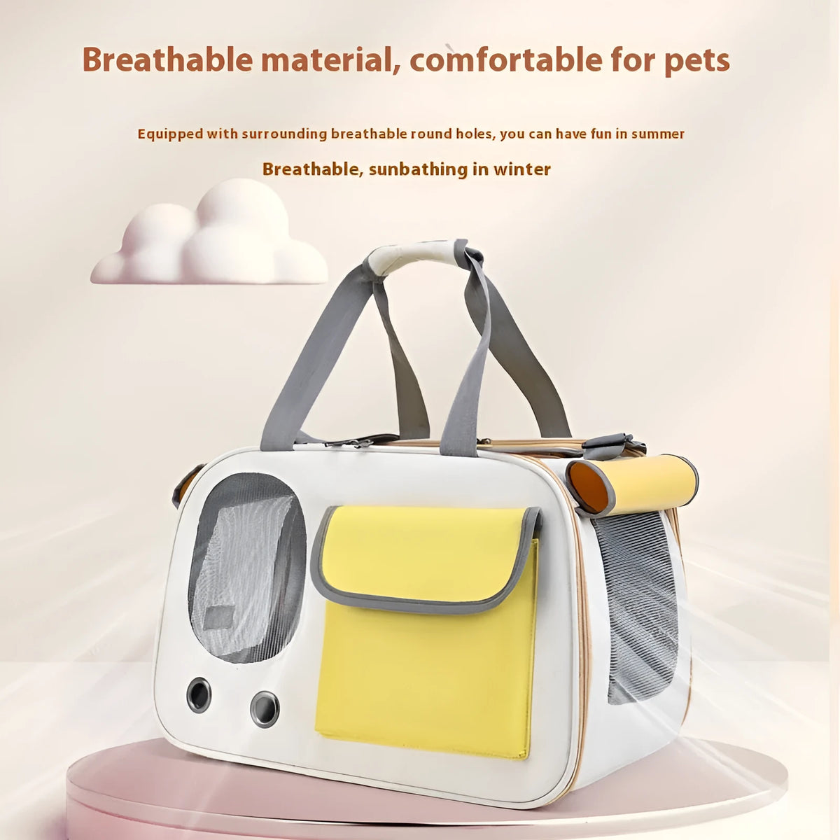 Foldable single shoulder pet carrier bag in canvas material shown in black, green and yellow colours