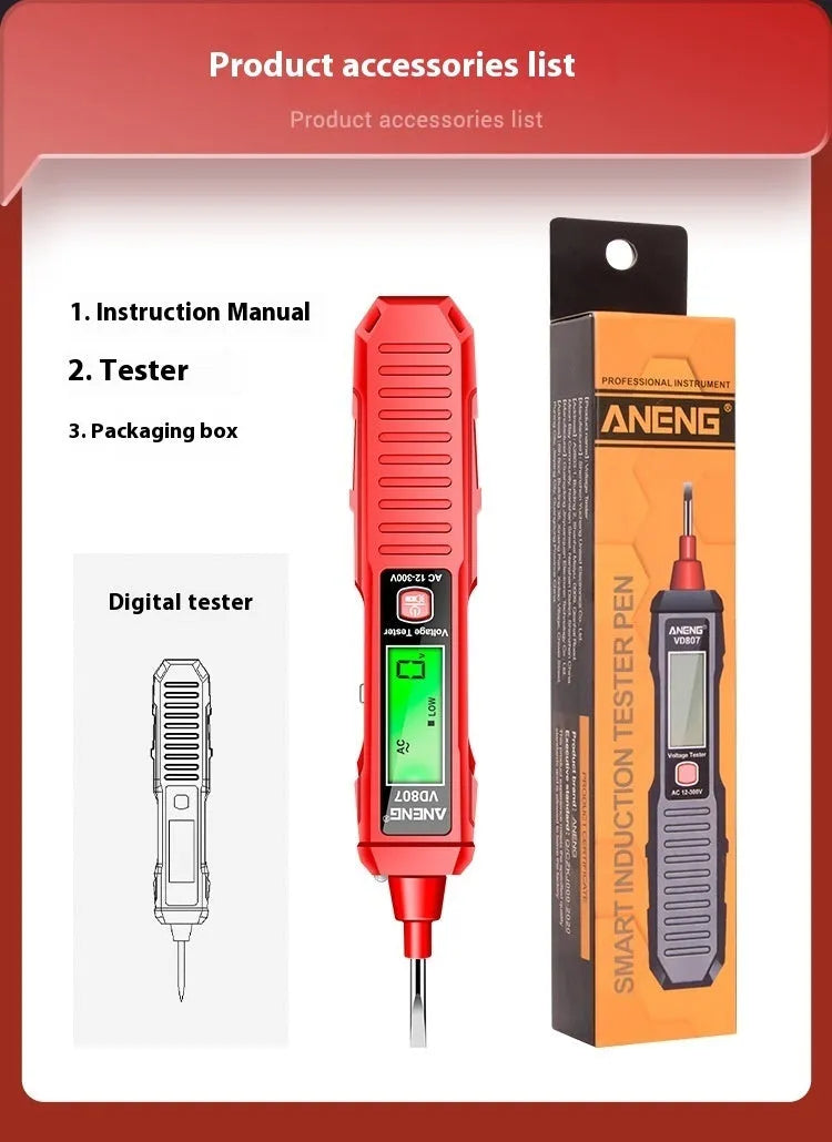 Black digital voltage tester pen with LCD display showing voltage reading