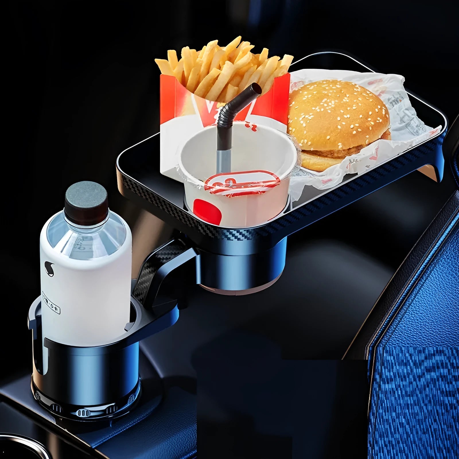 Black ABS car-mounted rotating tray with cup holder and dinner plate surface.