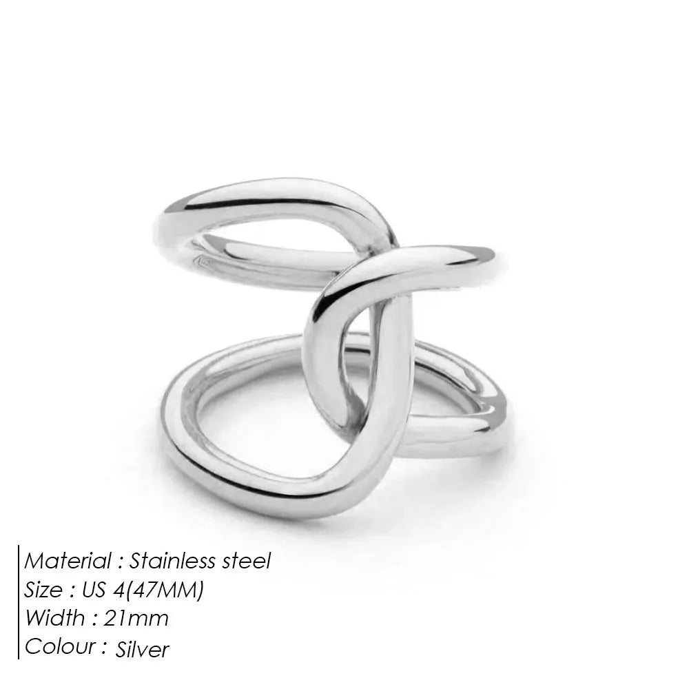 Adjustable stainless steel women's ring with geometric knot design on a U-shaped open band.