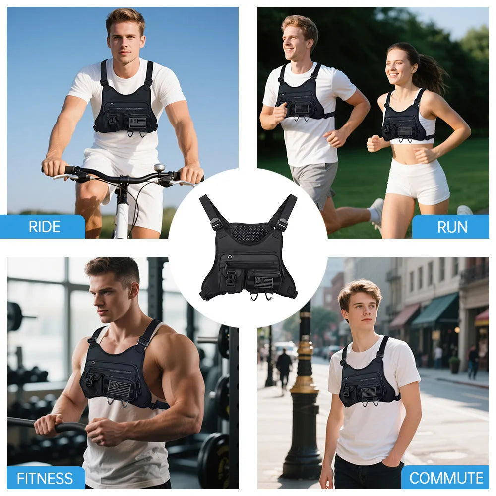 Men's Oxford cloth outdoor sports chest bag in blue, designed as a breathable riding vest.
