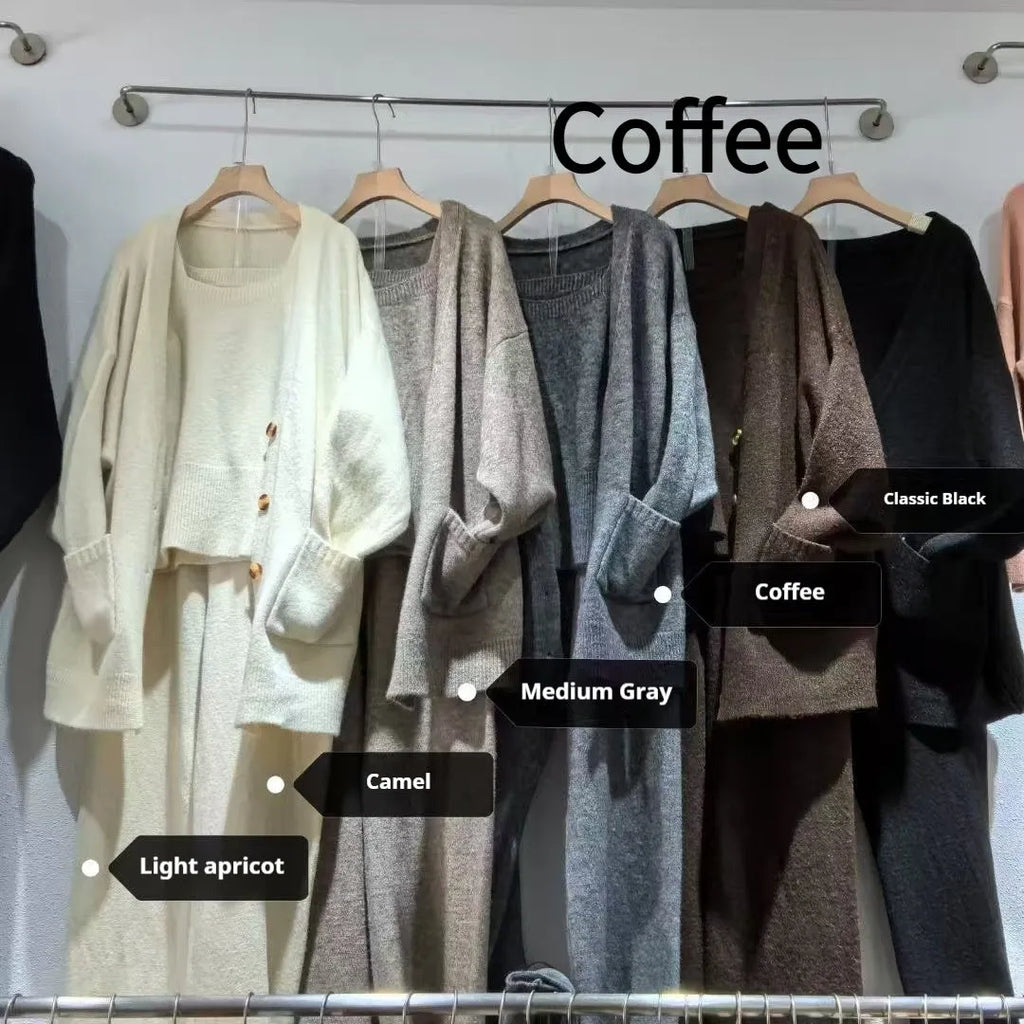 Women's knit cardigan and pants three-piece set in wool blend fabric shown in beige colour