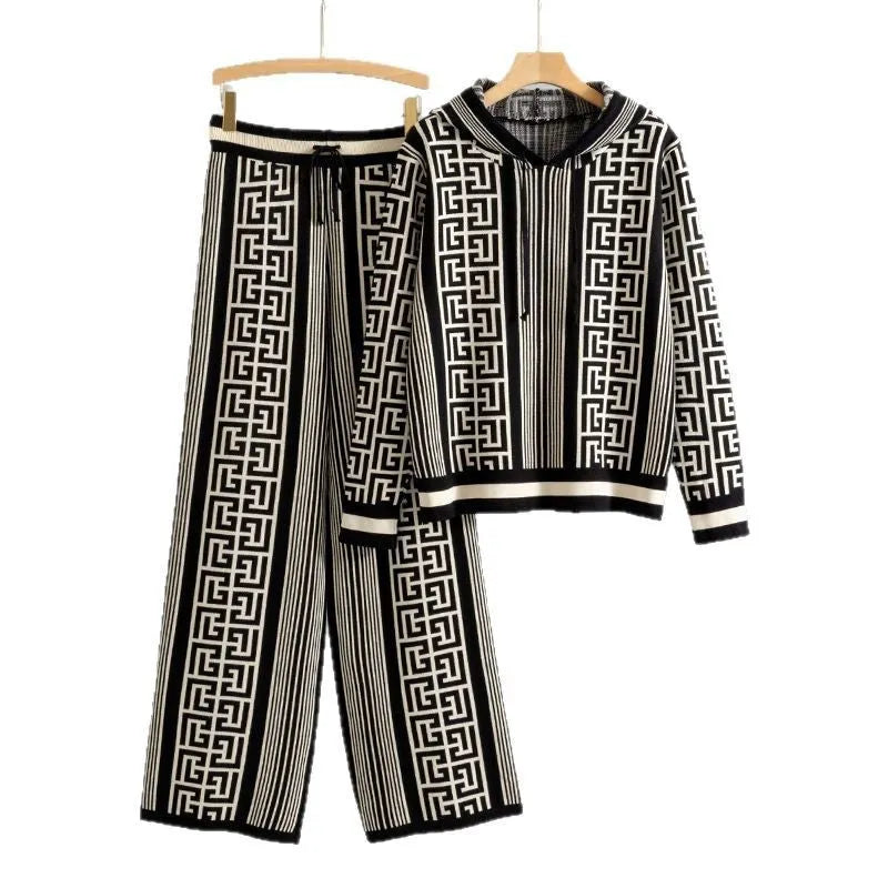 Women's hooded knitted sweater and wide leg pants suit in viscose fibre with letter pattern, shown in khaki, black, rose red or brown.
