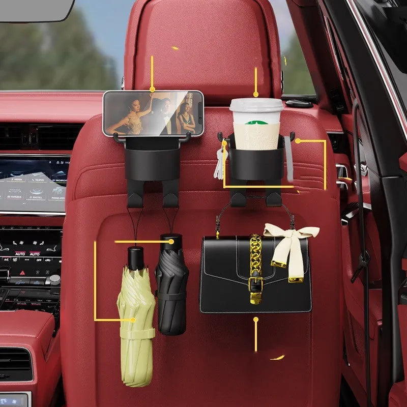 Black plastic car hook seat back organiser with cup holder and hook