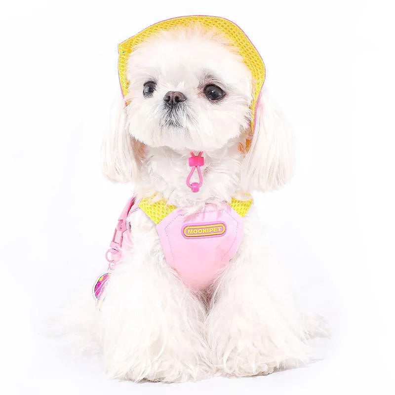 Pink polyester dog vest on a small white dog, showing casual style and fit.