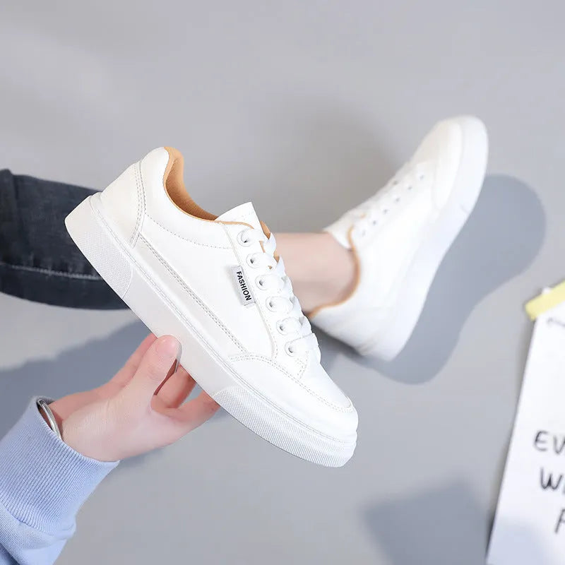 Women's Korean style solid colour low-top sneakers in white and brown with artificial PU leather upper