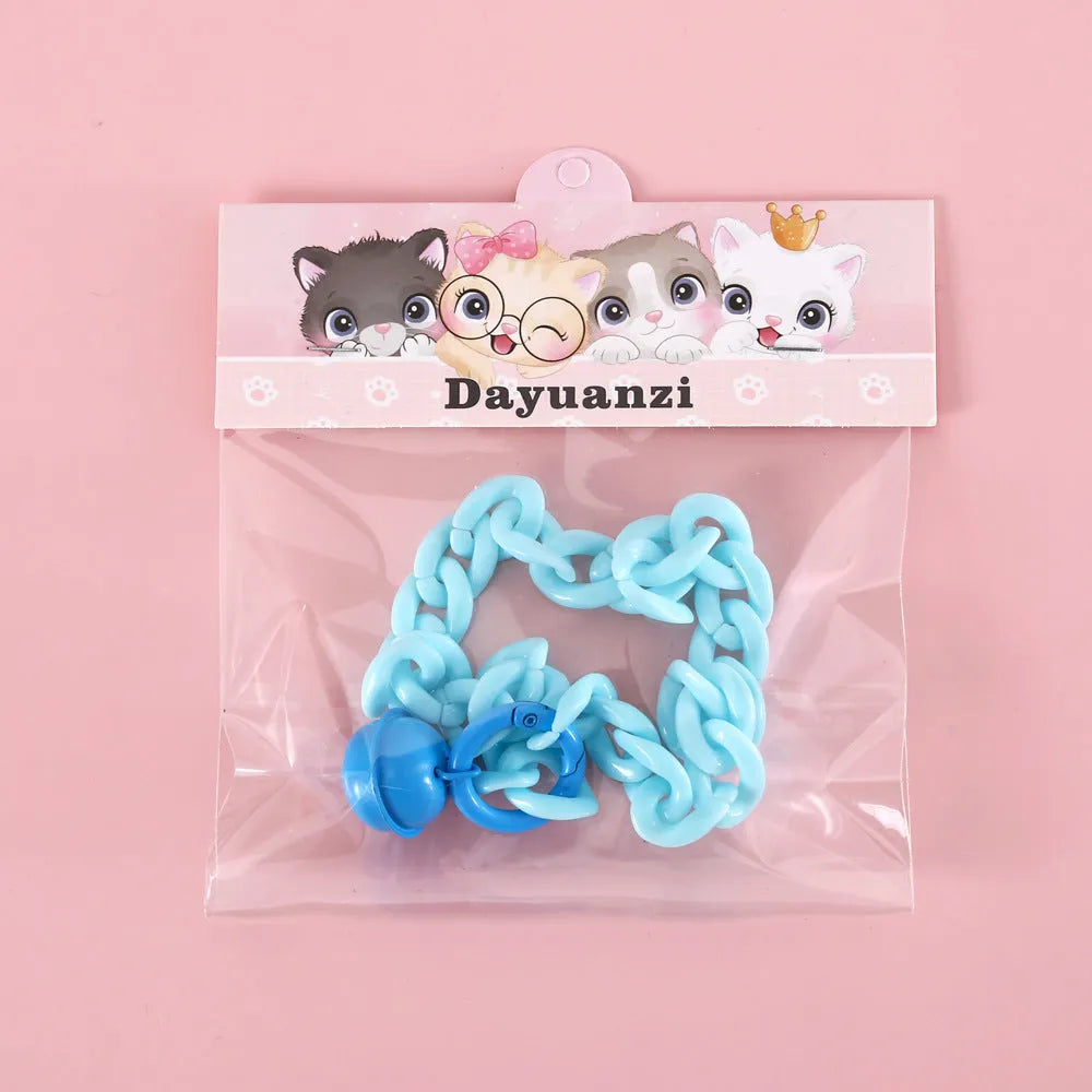 Adjustable plastic pet collar in macaron candy colours showing chain blue, pink and mixed options