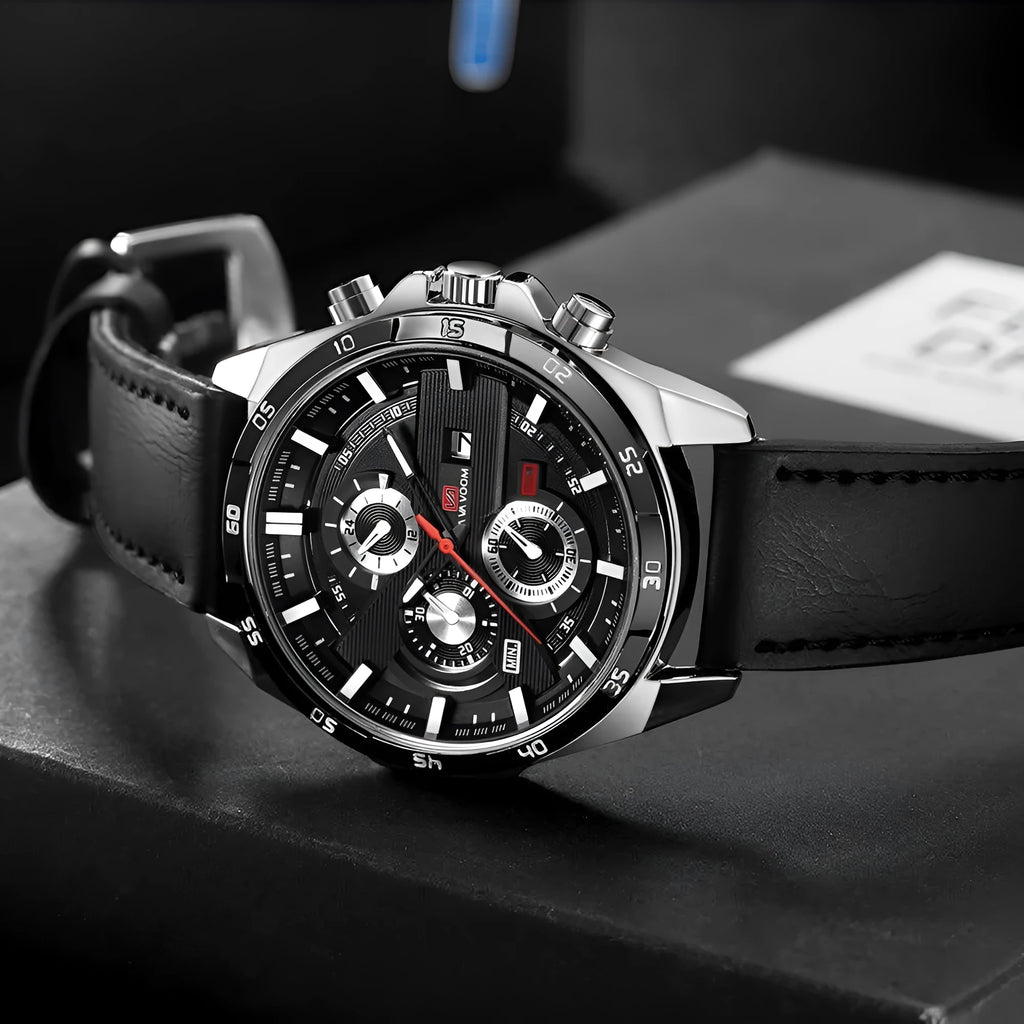 Men's business casual watch with calendar display on a leather strap, available in rose gold, silver, black, and brown colour options.