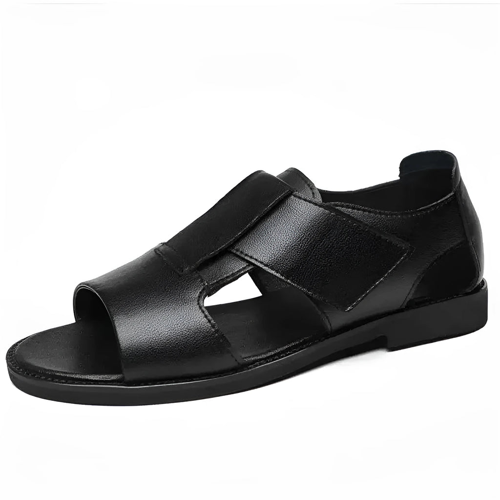 Men's black leather Roman sandals with open-toe design and rubber soles.