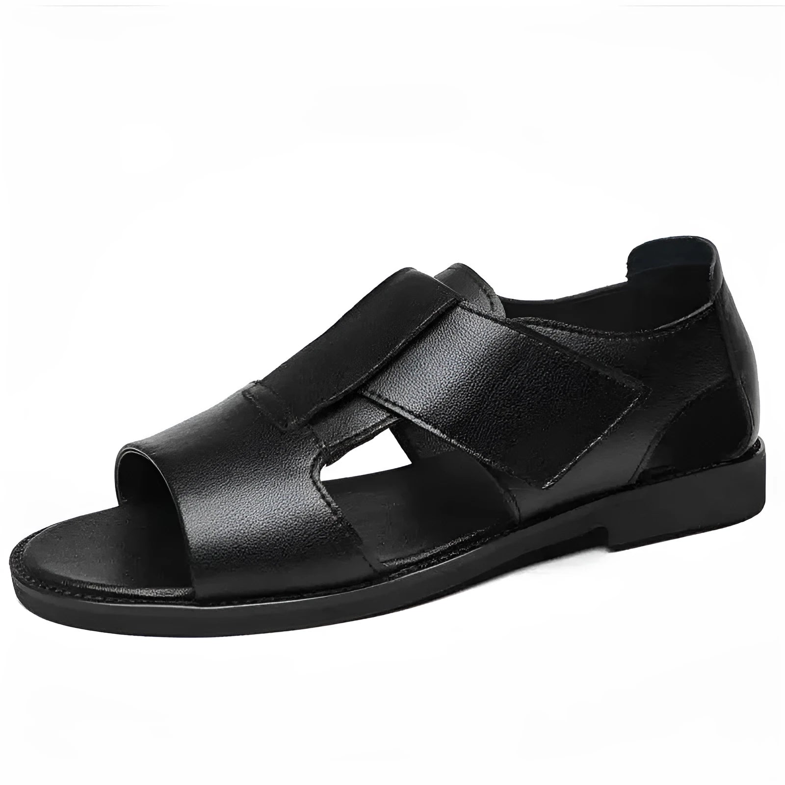 Men's black leather Roman sandals with open-toe design and rubber soles.