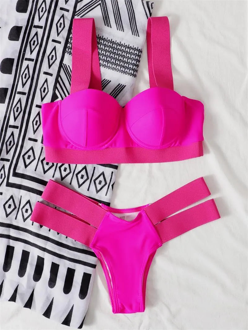 Women's black and blue contrast colour bikini with steel push-up bracket.