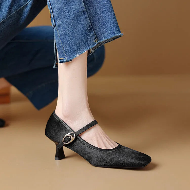 Women's black square toe stiletto ankle-strap heels with horse hair upper and buckle closure.