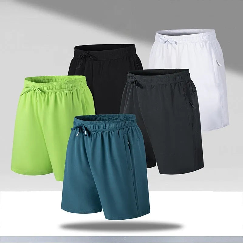 Men's loose-fit quick-drying sports shorts in thin ice silk polyester fabric on a summer background.