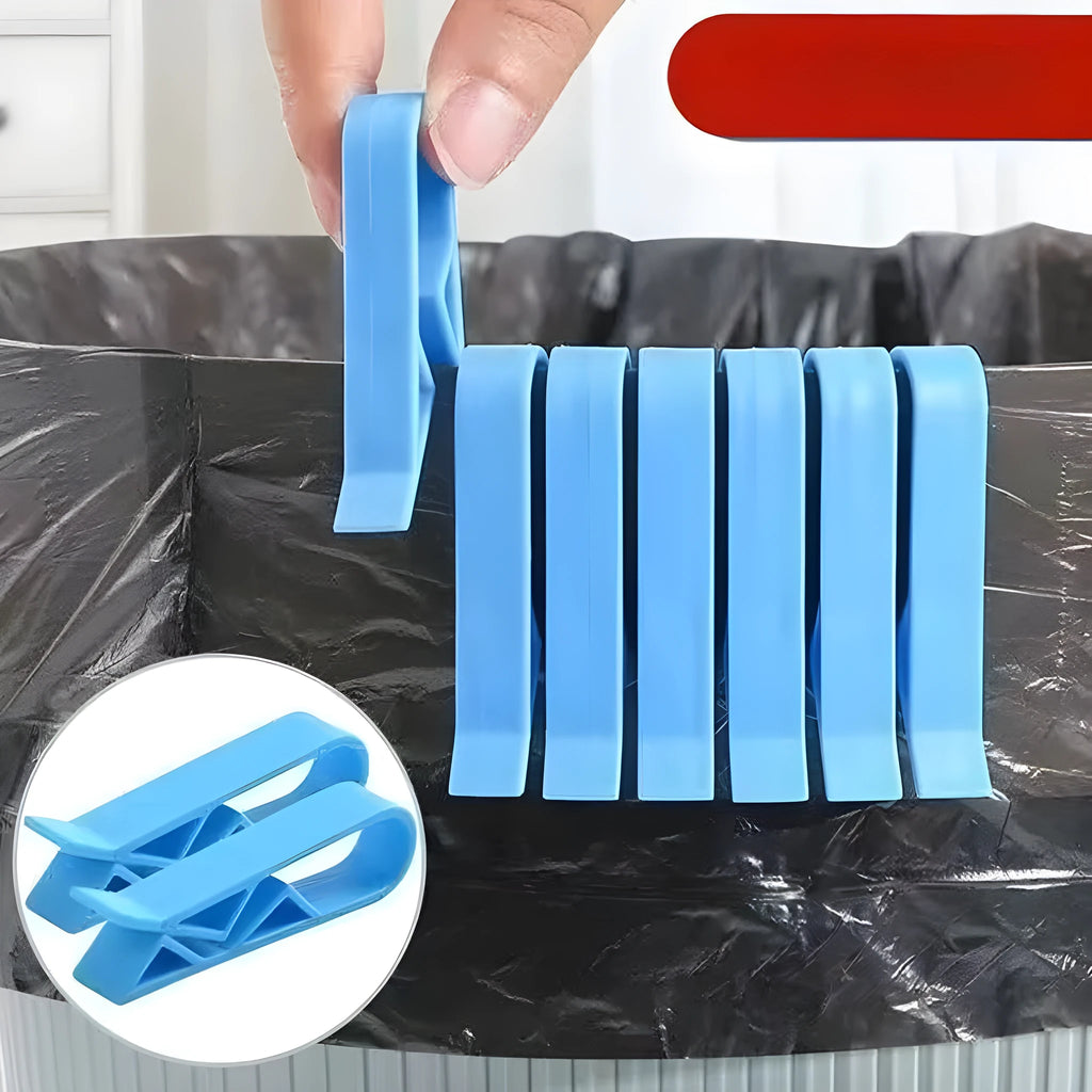 Pack of ten white plastic garbage bag fixing clips for the side of a trash can.