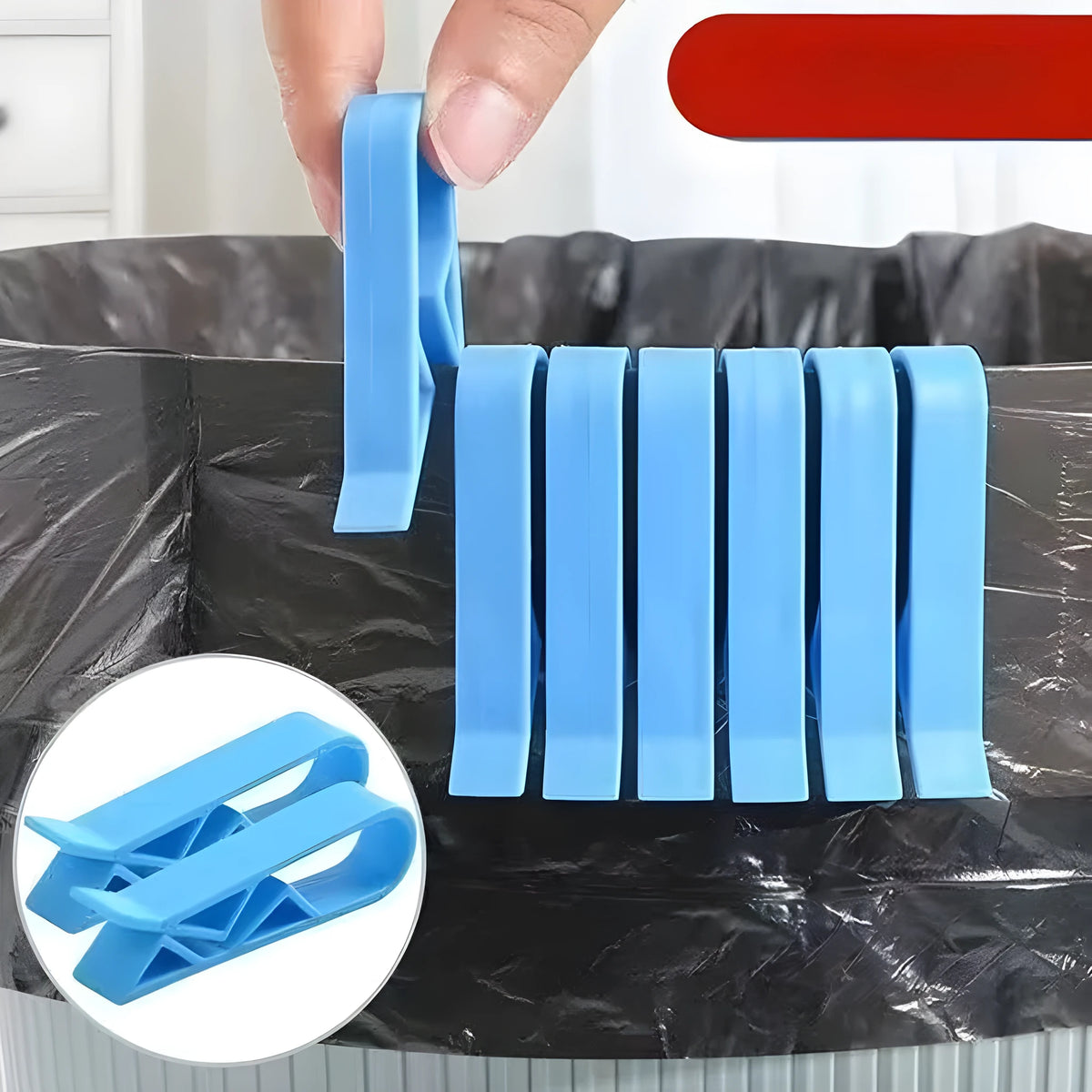 Pack of ten white plastic garbage bag fixing clips for the side of a trash can.