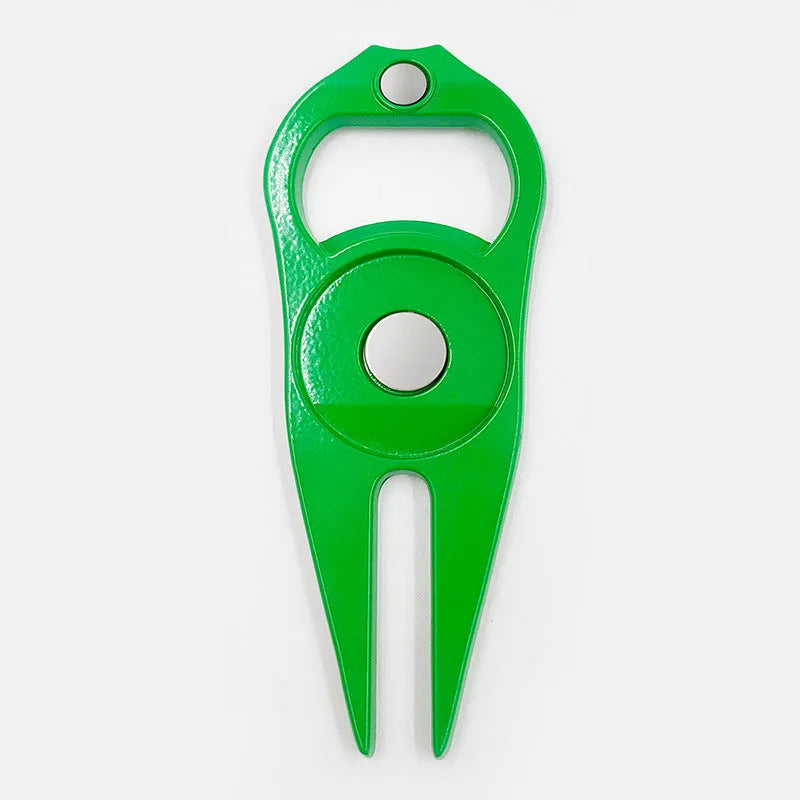 Golf ball fork bottle opener tool in zinc alloy with green turf application
