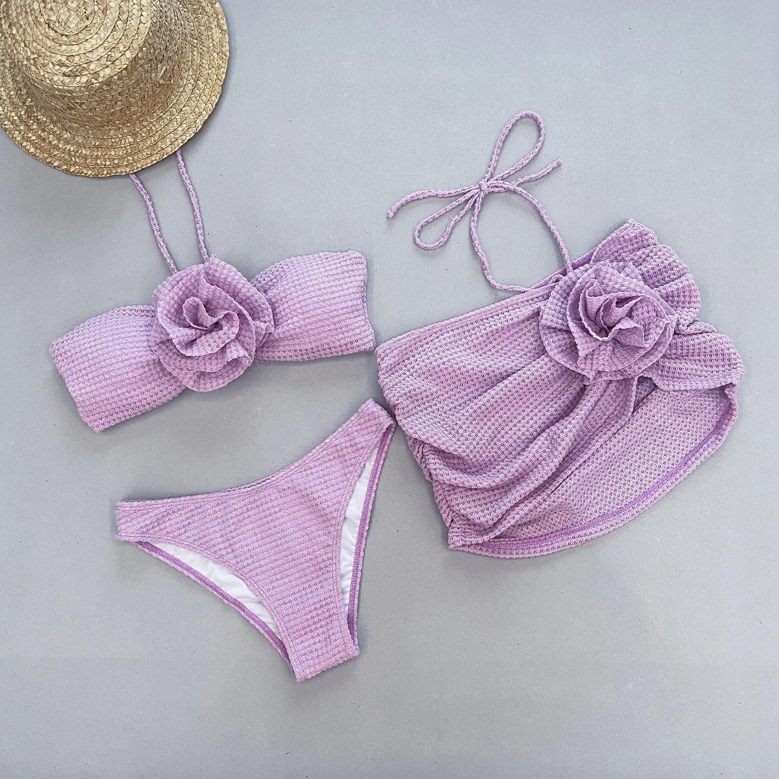Women's white or purple 3D flower split three-piece bikini set for swimming