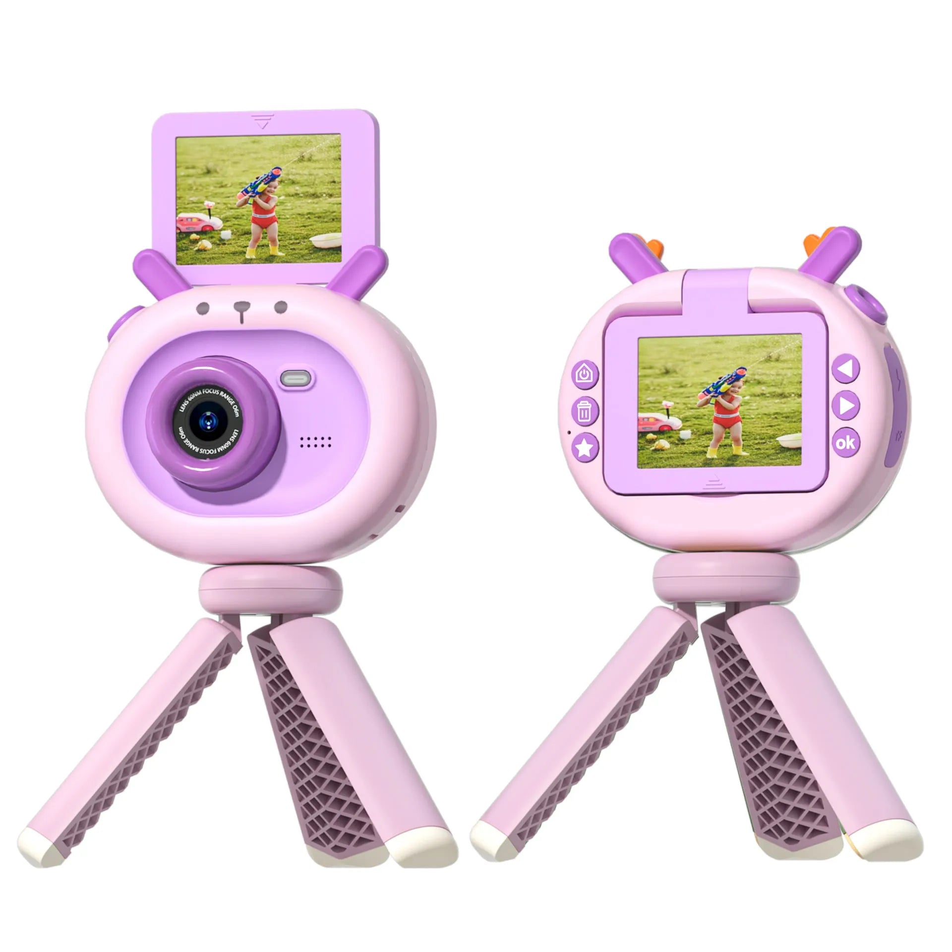 Purple children's digital camera with flip screen, silicone case, and lanyard on a table