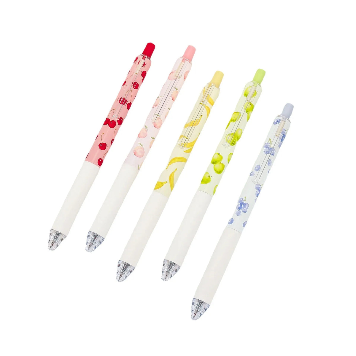 Three fruit scented press-action pens with 0.5mm tips and black ink refills