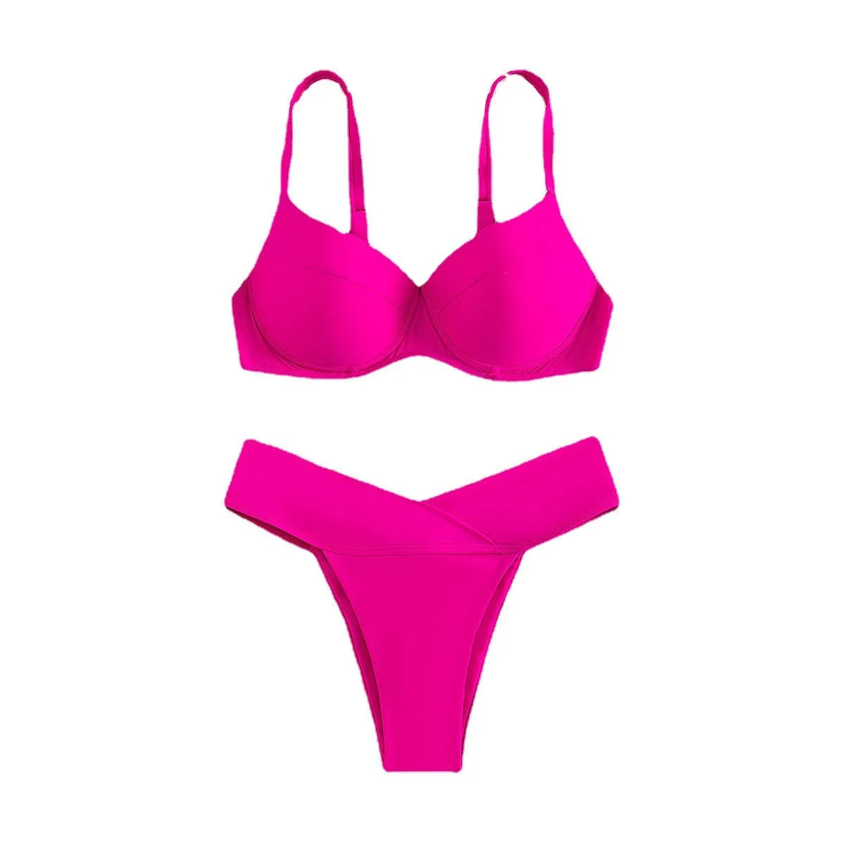 Solid colour briefs style bikini swimsuit in fluorescent pink on a mannequin.