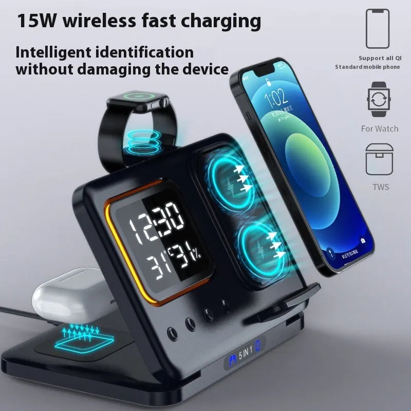 Black wireless charging station with digital clock displaying time and temperature charging phone and watch