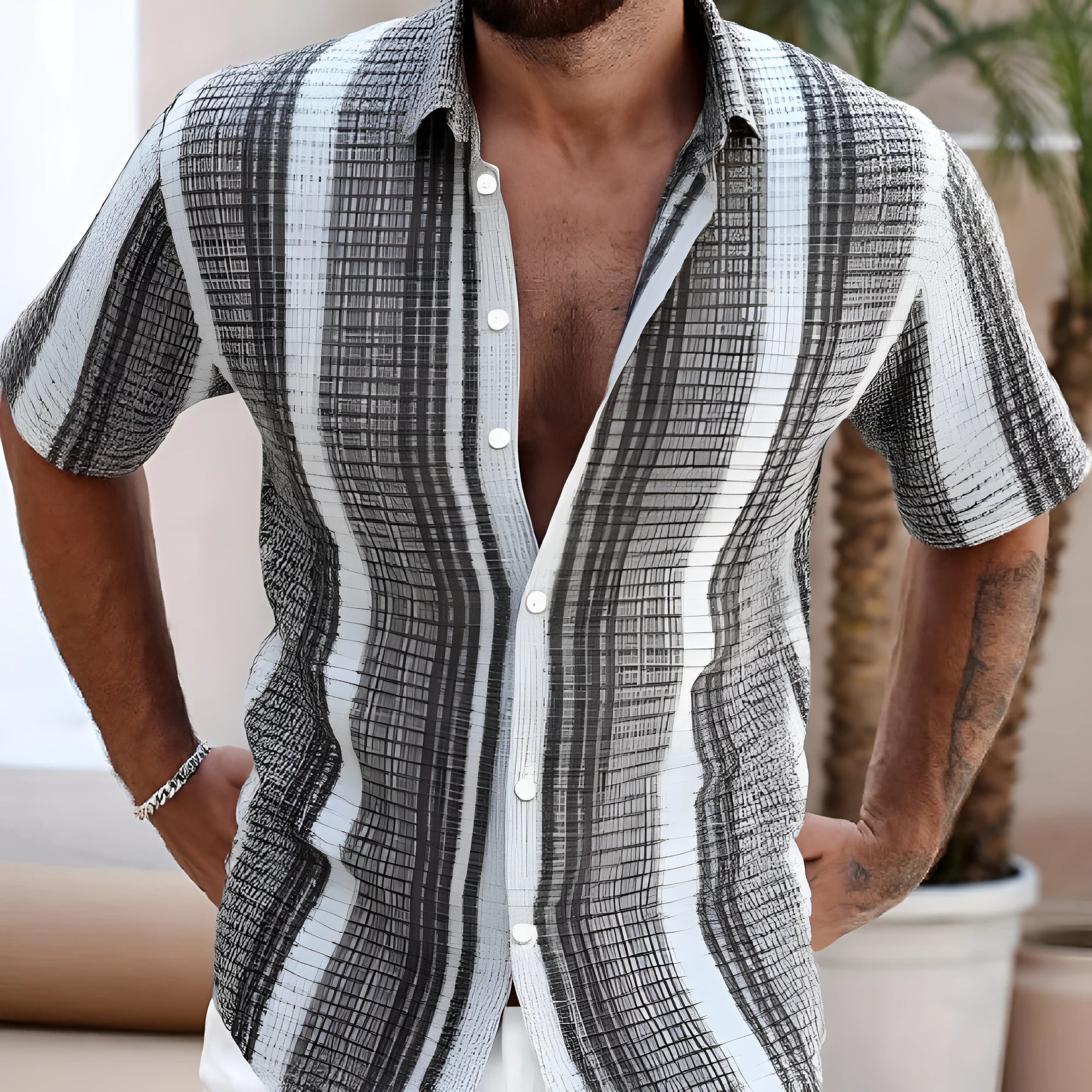 Men's slim fit beach shirt with 3D floral digital printing in polyester fabric
