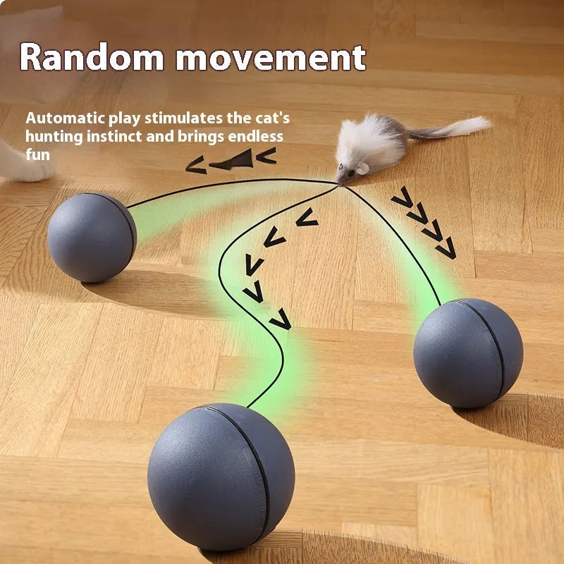 Automatic cat teasing ball toy with plush mouse attachment in blue orange and dark grey colour options