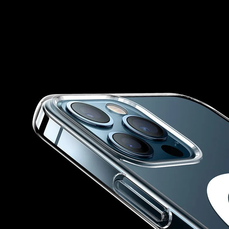 Transparent magnetic back cover phone case showing iPhone compatibility