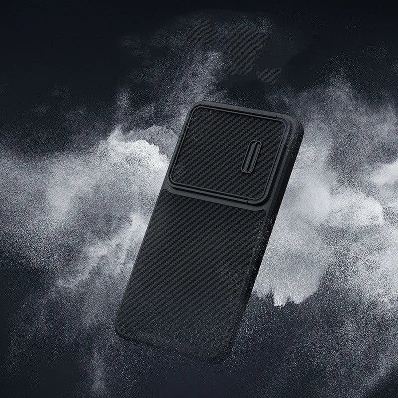 Black Samsung S23 Ultra phone case with a sliding lens cover over the camera module.
