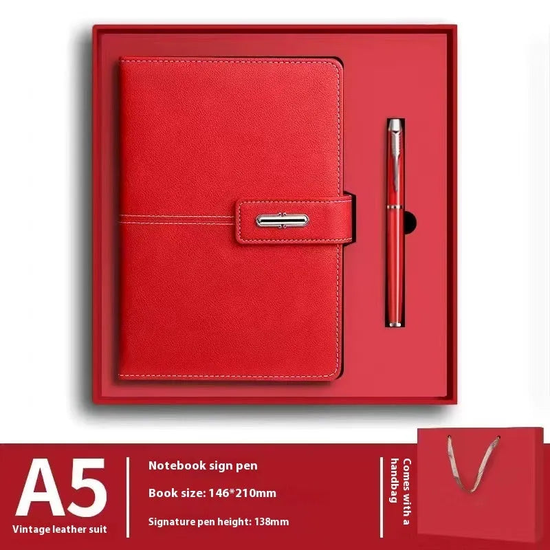 A5 notebook with a PU leather cover, open to show wood-free paper pages.