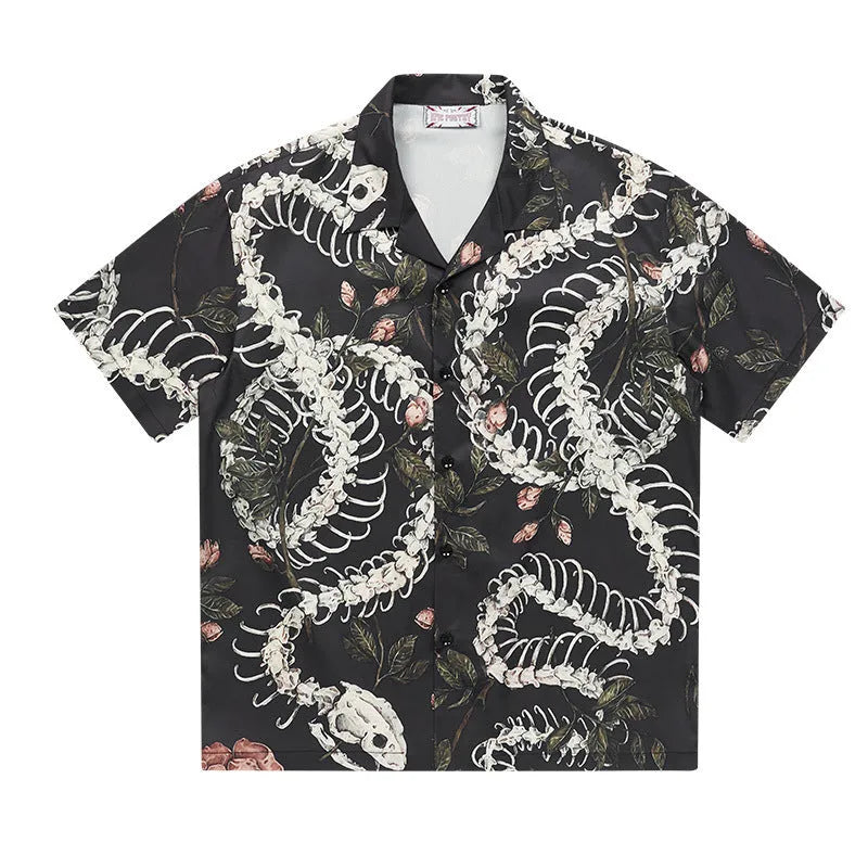 Men's loose fit short sleeve Cuban collar shirt with snake bone floral pattern print in assorted colours.