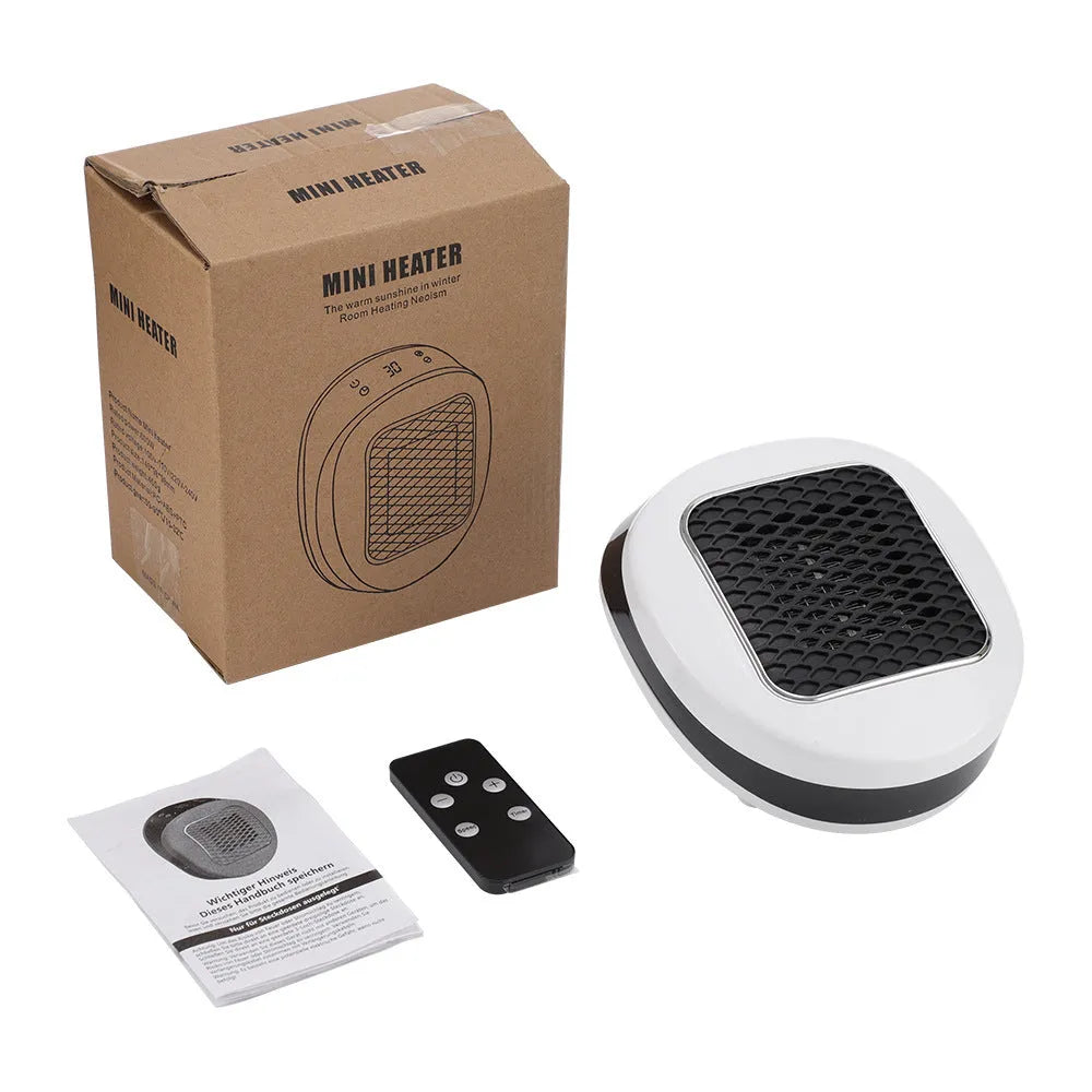 White ceramic heating electric hot air blower with remote control on a table.