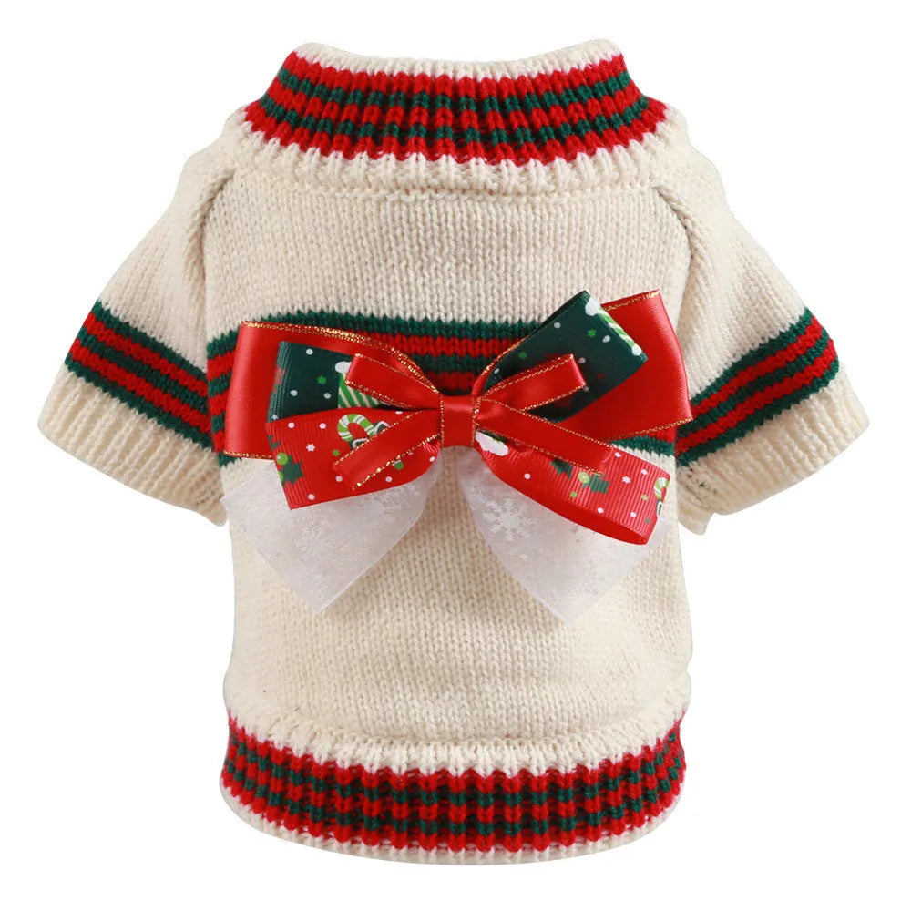 Green and red polyester pet Christmas sweater with reindeer pattern for dogs and cats
