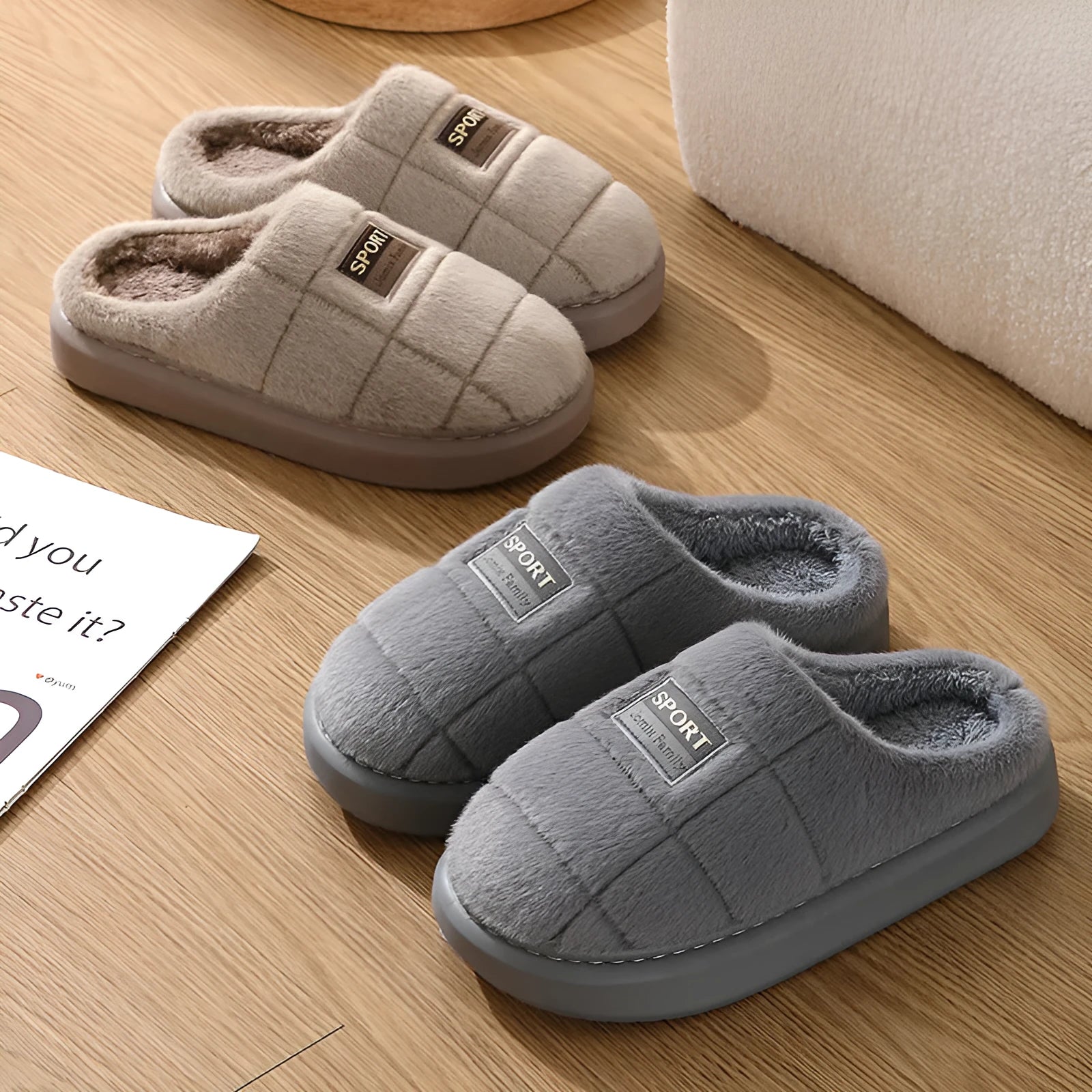 Men's plaid pattern winter slippers with rabbit hair upper and thick artificial wool lining