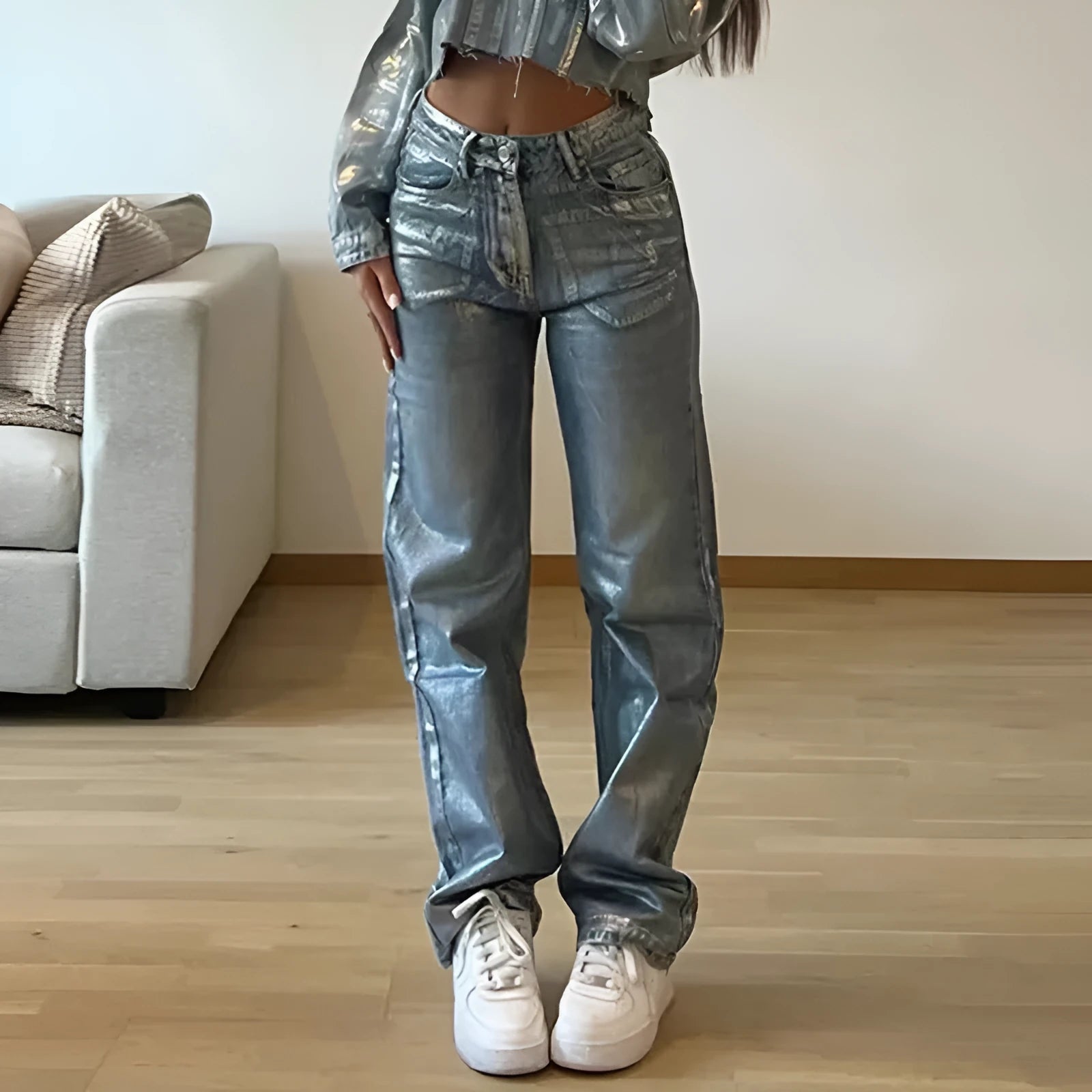 High waist straight leg jeans in washed blue with silver contrast street hipster style