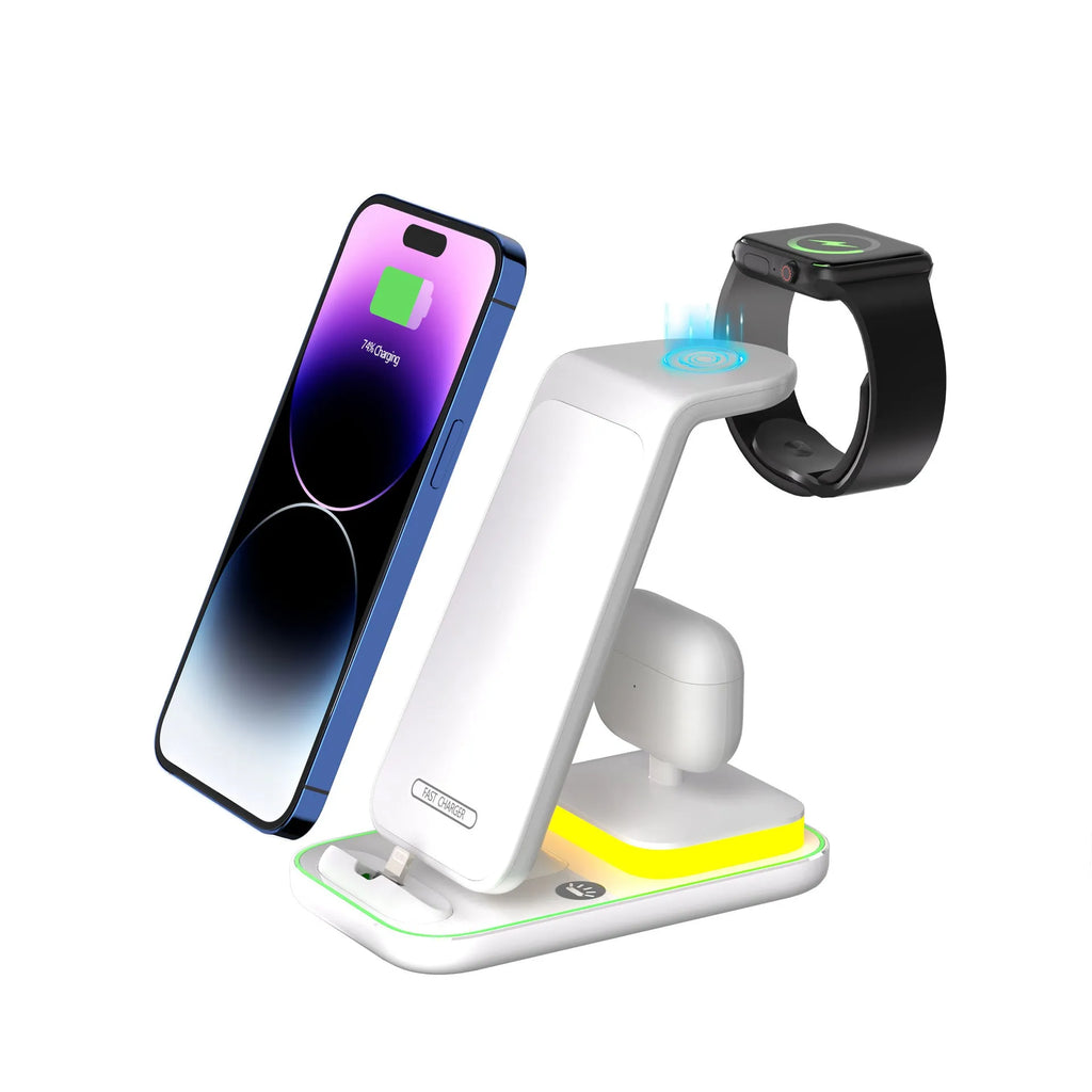 Black vertical wireless charger holding mobile phone upright with smart watch charging on base