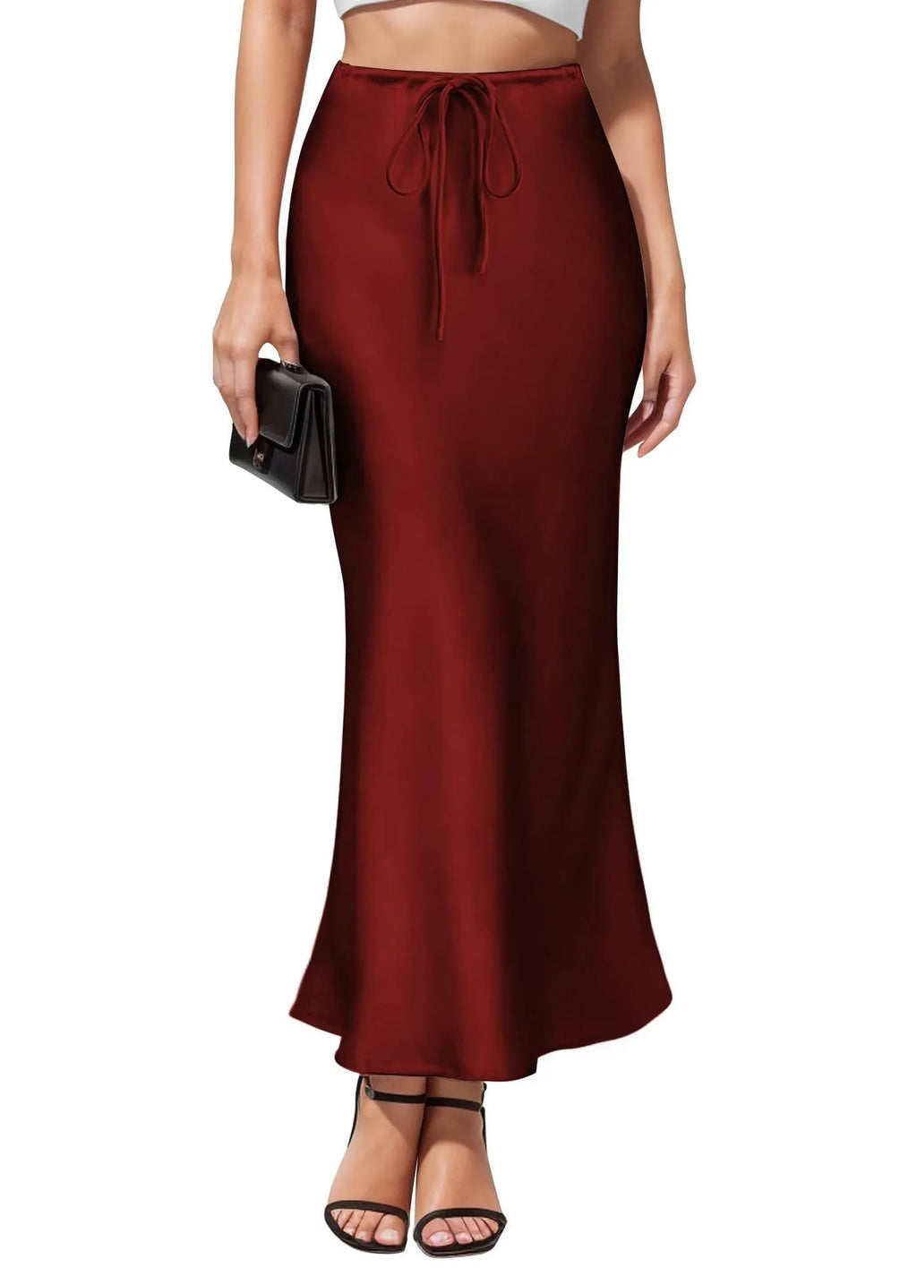 Asymmetric acetate satin skirt with irregular stitching in high waist design