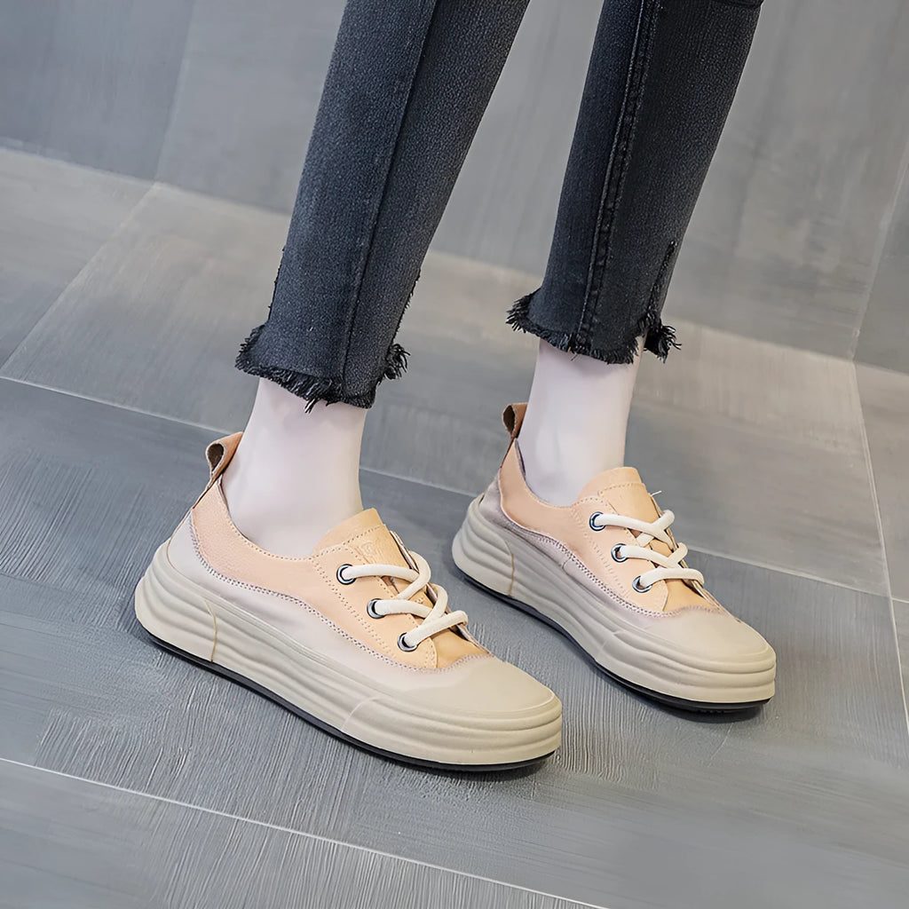 Women's matcha green leather platform sneakers with round toe and front laces on a white background.