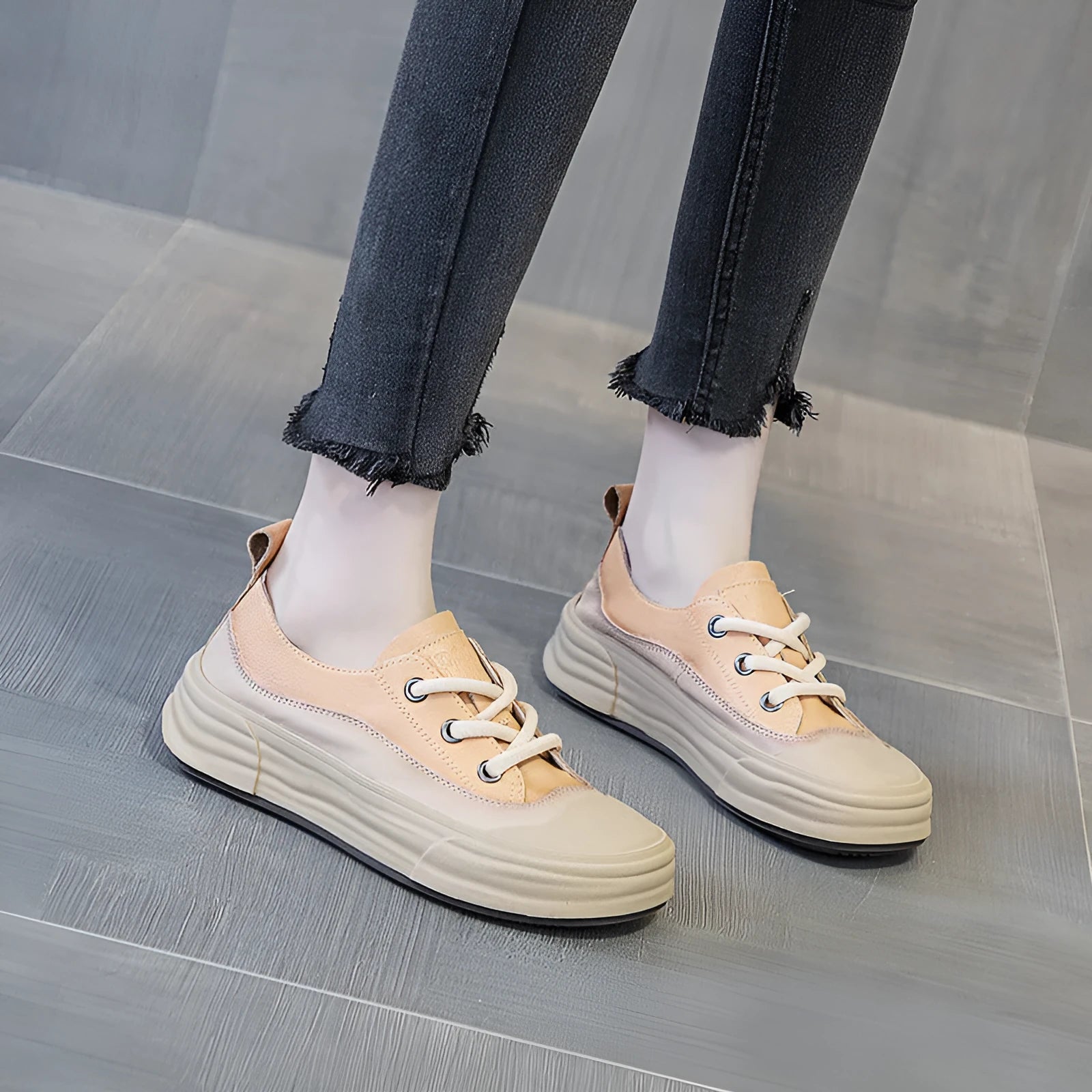 Women's matcha green leather platform sneakers with round toe and front laces on a white background.