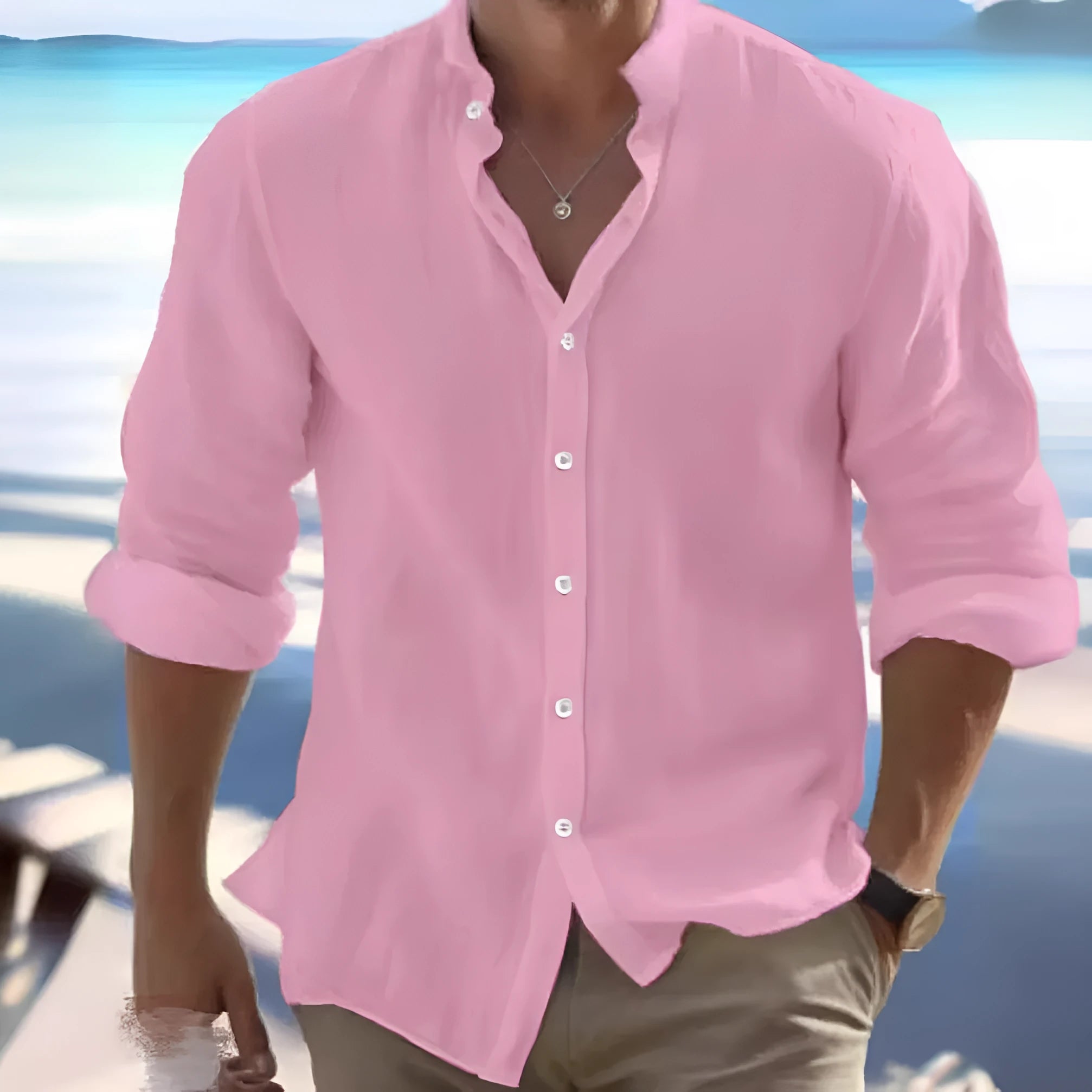 Men's long-staple cotton button summer shirt with pullover collar in various colours.