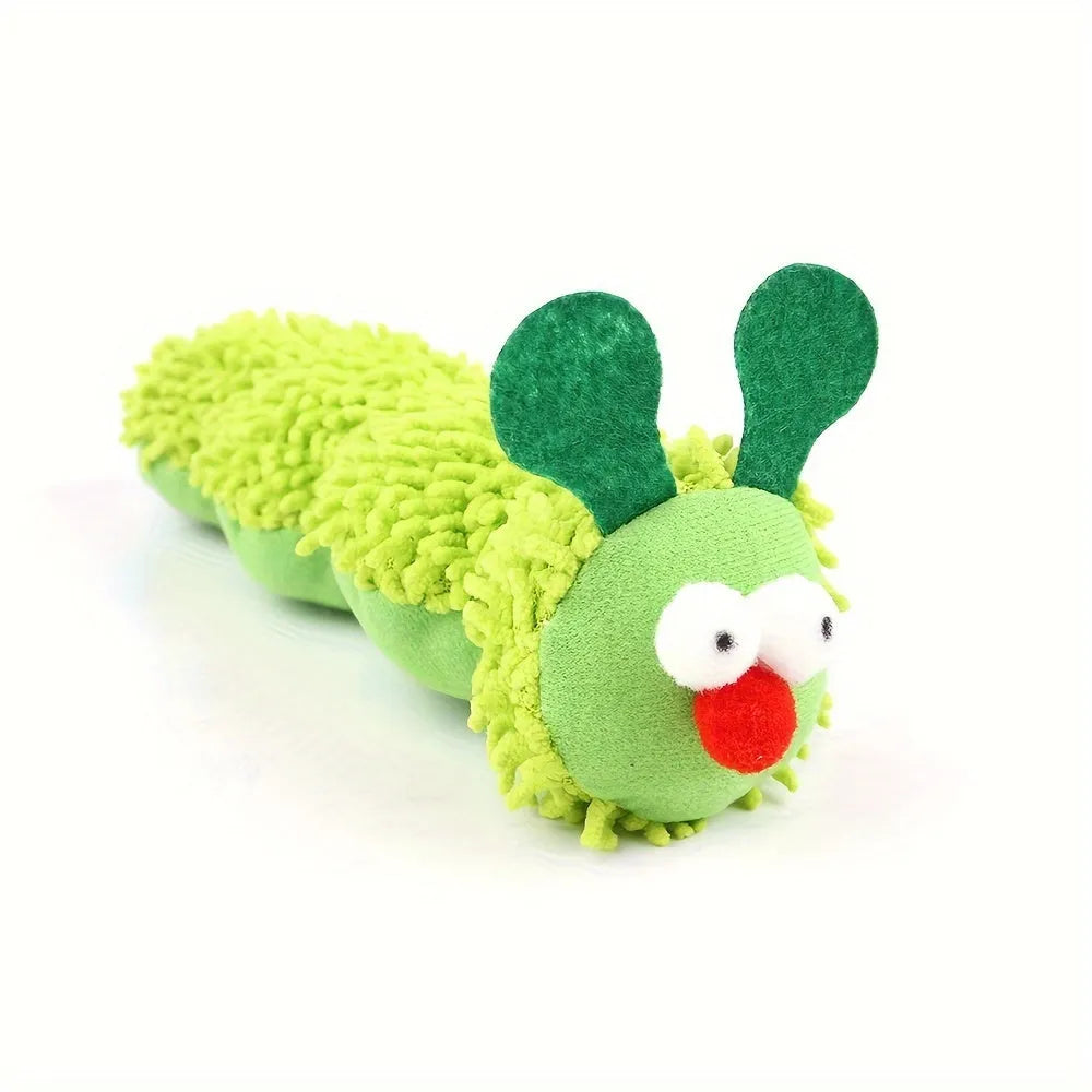 Green interactive plush cat toy with sports accessories showing 24cm length dimensions