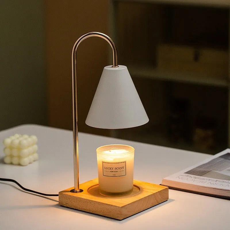 Oak and iron aromatherapy wax melting lamp with white lampshade and dimming switch, two bulbs included