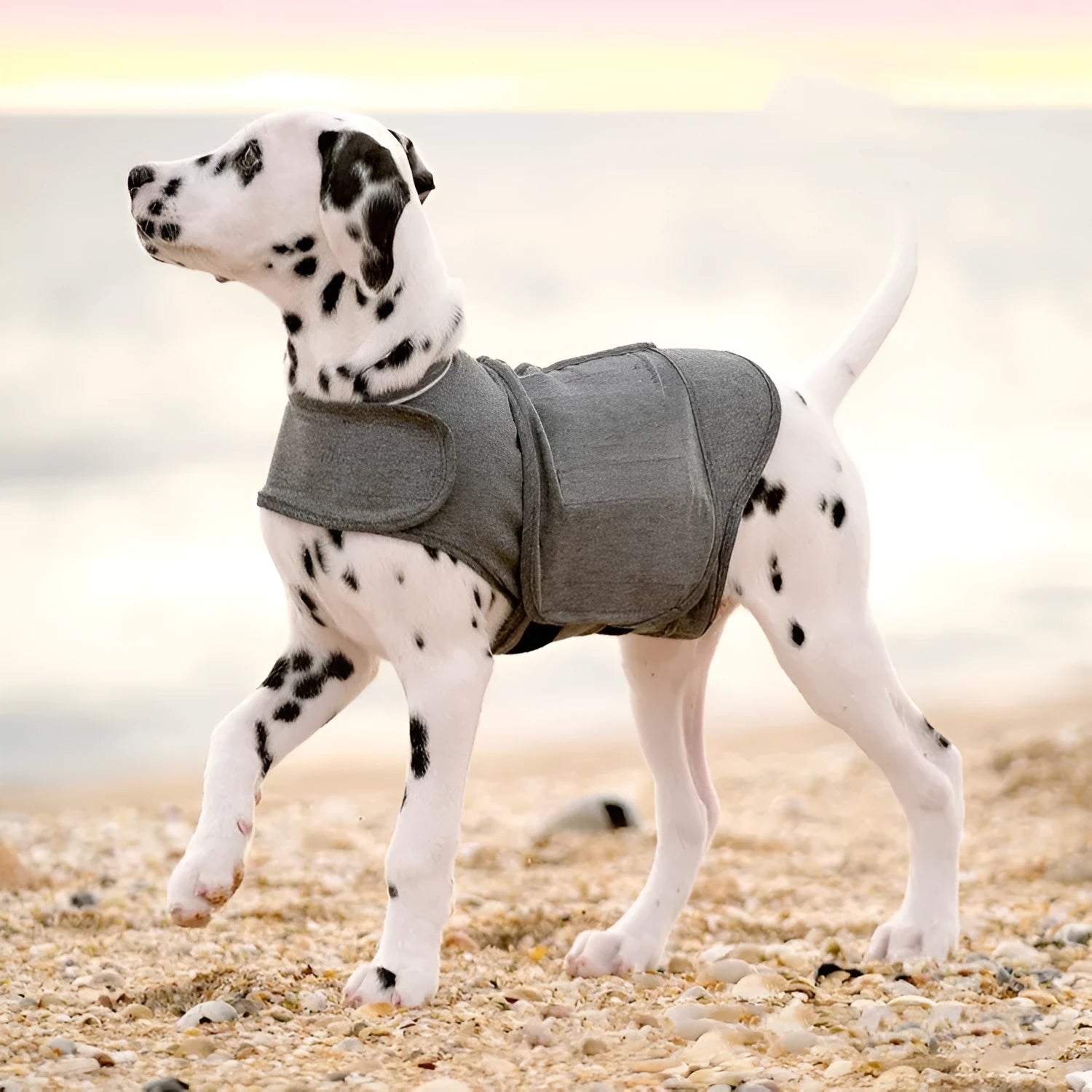 Heather Grey brocade cotton dog anxiety vest on a mannequin, showing sizing from XXS to XXL.