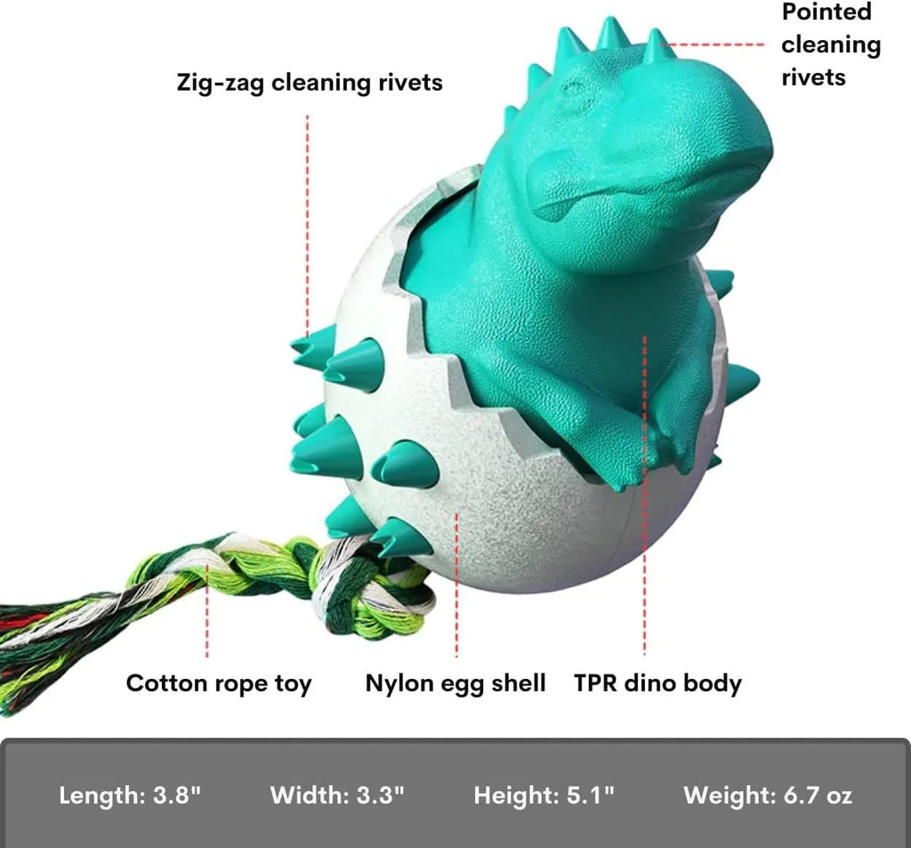 Blue dinosaur-shaped dog chew toy with rubber texture, rope tail, and dental cleaning nubs