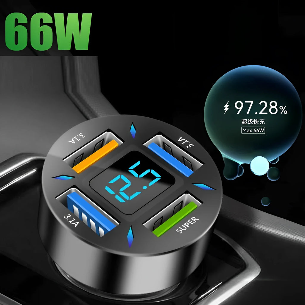 Black four-port USB car charger with LED digital display plugged into a vehicle socket.