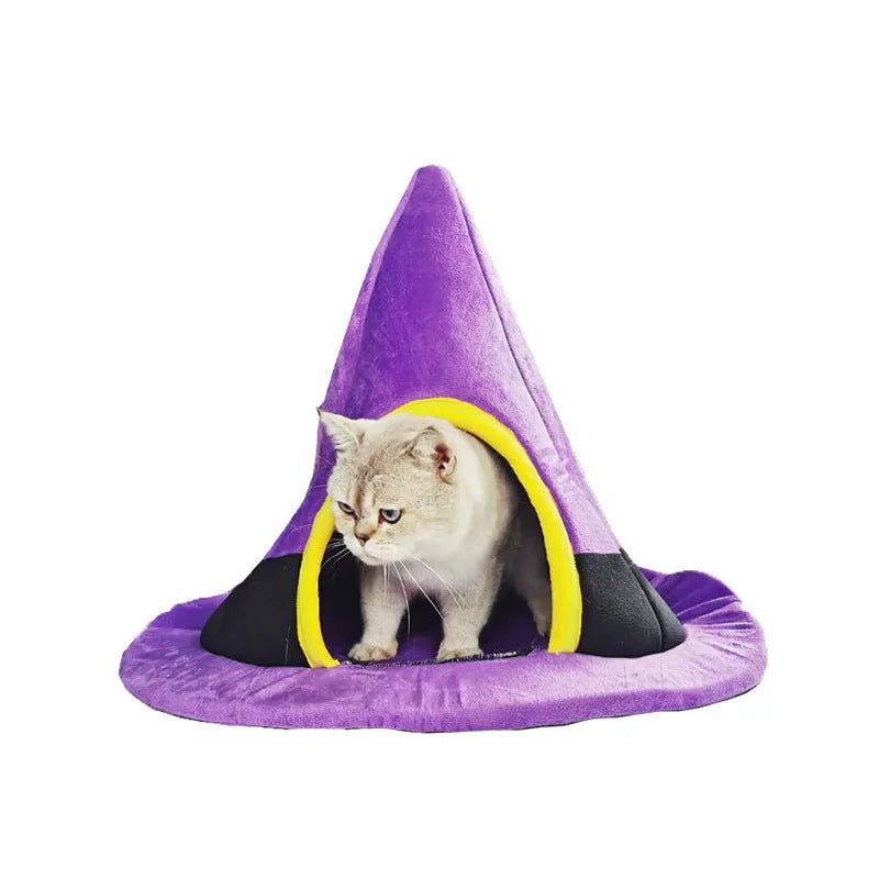 Purple Halloween witch hat shaped cat bed measuring 60x45cm for indoor pet use